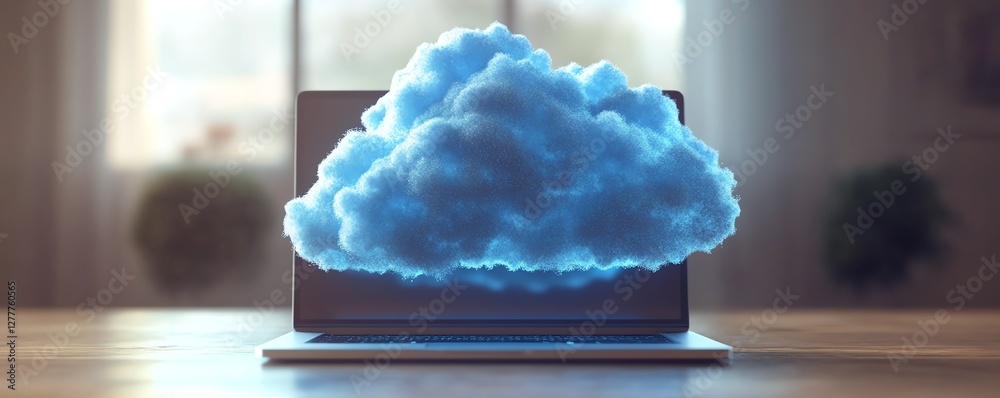 Aufkleber A laptop sending files to a cloud server, symbolizing cloud computing and file sharing in a modern tech environment