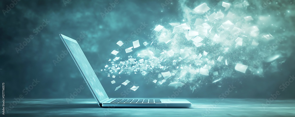 Aufkleber A laptop sending files to a cloud server, symbolizing cloud computing and file sharing in a modern tech environment