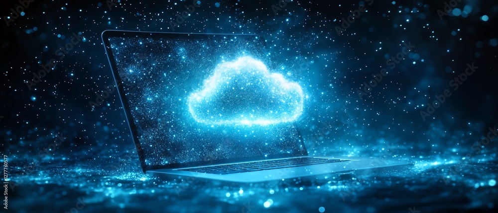 Fototapete A laptop transmitting data to the cloud, illustrating cloud computing, online storage, and the process of sharing files on a cloud server