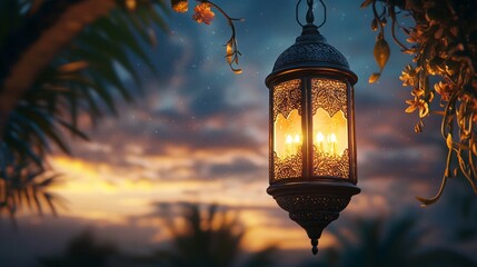 Ornate Lantern Hanging at Sunset with Tropical Plants
