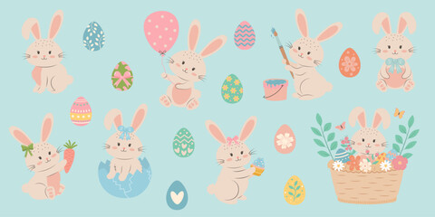 Easter bunny and eggs set on blue background. Cute pastel rabbits in different poses and colorful painted eggs.