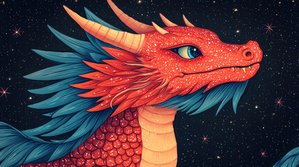 vibrant red dragon with glittering scales and blue accents