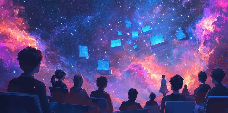 People watching floating screens in a cosmic auditorium artwork