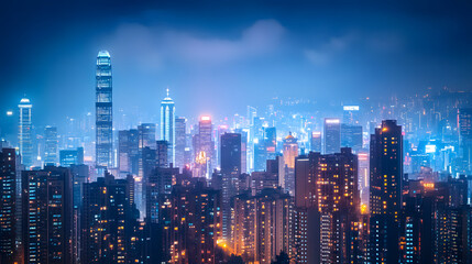 Obraz premium A city at night with many tall buildings and a highway