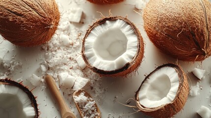Fresh coconuts, flakes, and shavings on white background. Food photography for recipe blogs