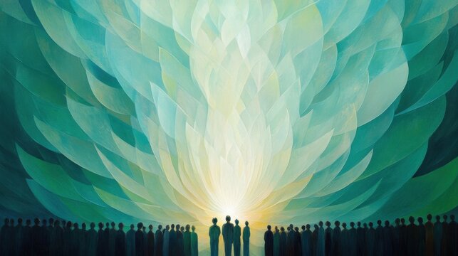 Abstract silhouettes stand in radiant light. Ethereal figures glow with unity and connection. This spirituality backdrop offers inspiration, making it ideal for modern, visionary projects and themes.