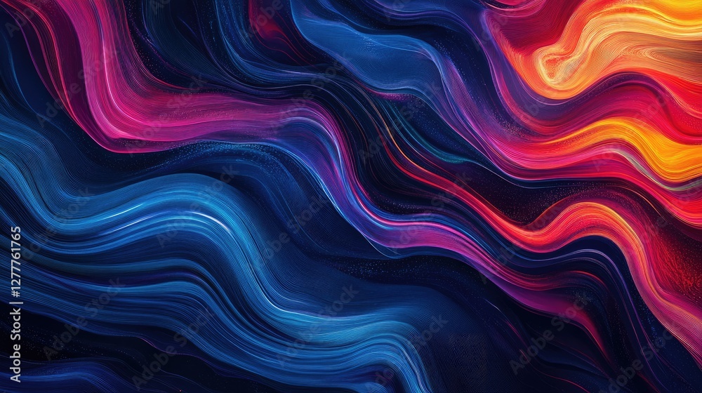 Poster abstract dynamic wave lines of vibrant colors flow on a dark background, symbolizing movement, music