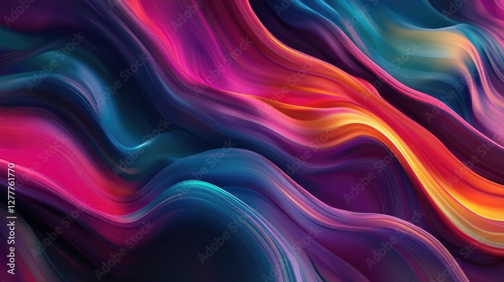 Poster abstract dynamic wave lines of vibrant colors flow on a dark background, symbolizing movement, music