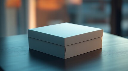 A blank gift box resting on a sleek, minimalistic surface, with soft lighting and a clean, uncluttered look