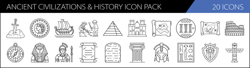 Ancient Civilizations & History Icon Pack - A collection of 20 icons representing symbols from ancient civilizations and historical landmarks, perfect for design projects.

