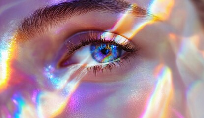 Close-up eye, iridescent light, studio, beauty, advertising