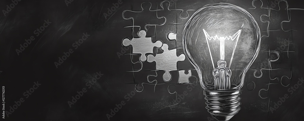 Fototapete a light bulb sketch on a blackboard with a jigsaw puzzle forming steps, symbolizing the gradual proc