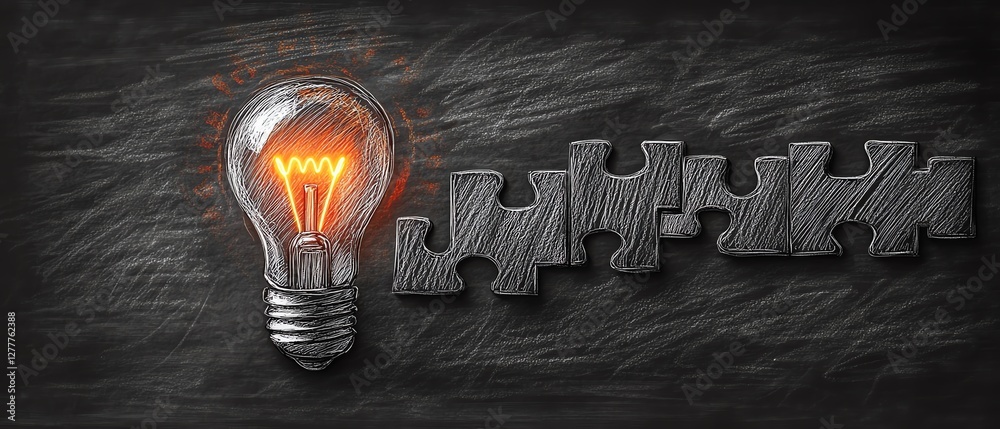Poster a light bulb sketch on a blackboard with puzzle pieces forming steps, representing the methodical pr