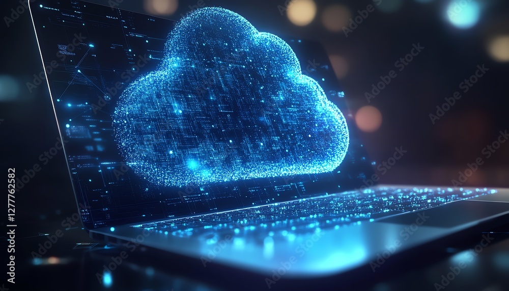 Aufkleber A modern laptop uploading files to a cloud server, symbolizing cloud computing and efficient file sharing across digital networks