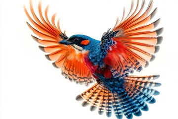 Naklejka premium Vividly Colored Bird in Flight Wings Spread Wide Detailed Feathers Exotic Avian Wildlife