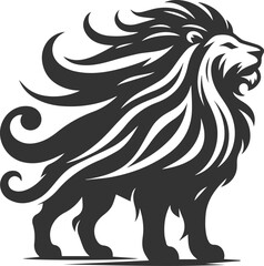 Silhouette of a roaring lion with its mane flowing in the wind
