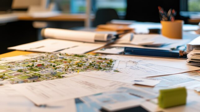 An urban planner's desk with land use plans, site assessments, and planning documents, reflecting the collaborative nature of their work with agencies.