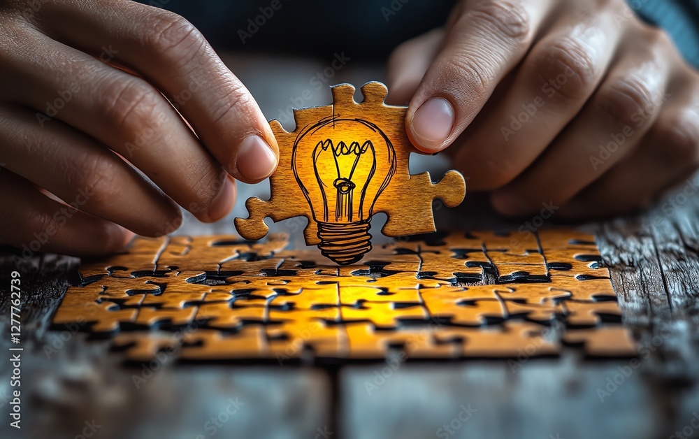 Leinwandbilder A person solving a puzzle on a wooden desk, with a light bulb drawn on the last piece, symbolizing the moment of idea creation and problemsolving