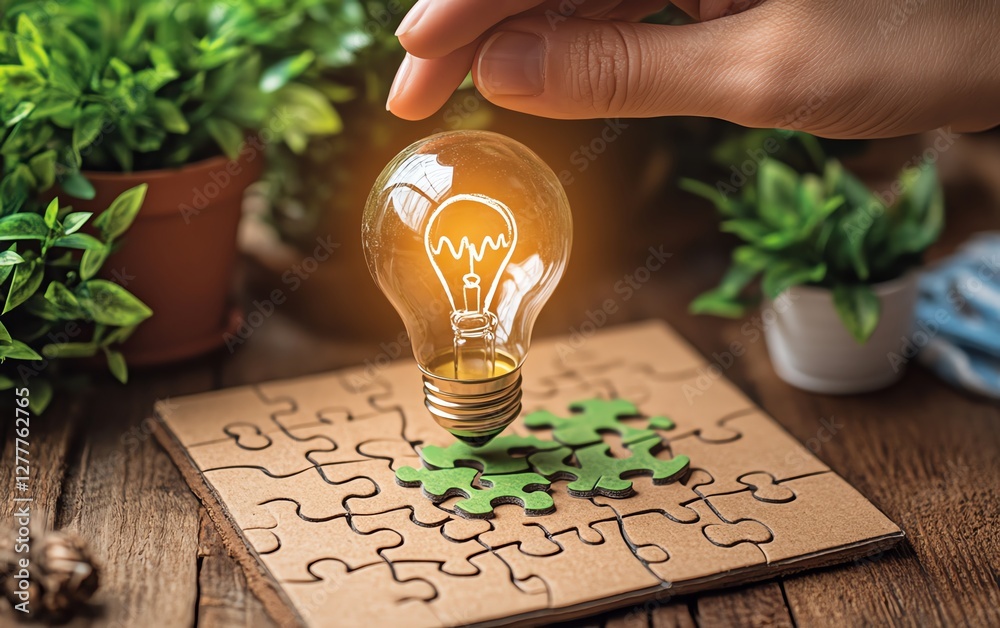 Poster A person solving a puzzle on a wooden desk, with a light bulb drawn on the last piece, symbolizing the moment of idea creation and problemsolving