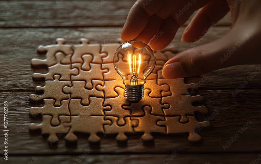 Leinwandbilder a person solving a puzzle on a wooden desk, with a light bulb drawn on the last piece, symbolizing t