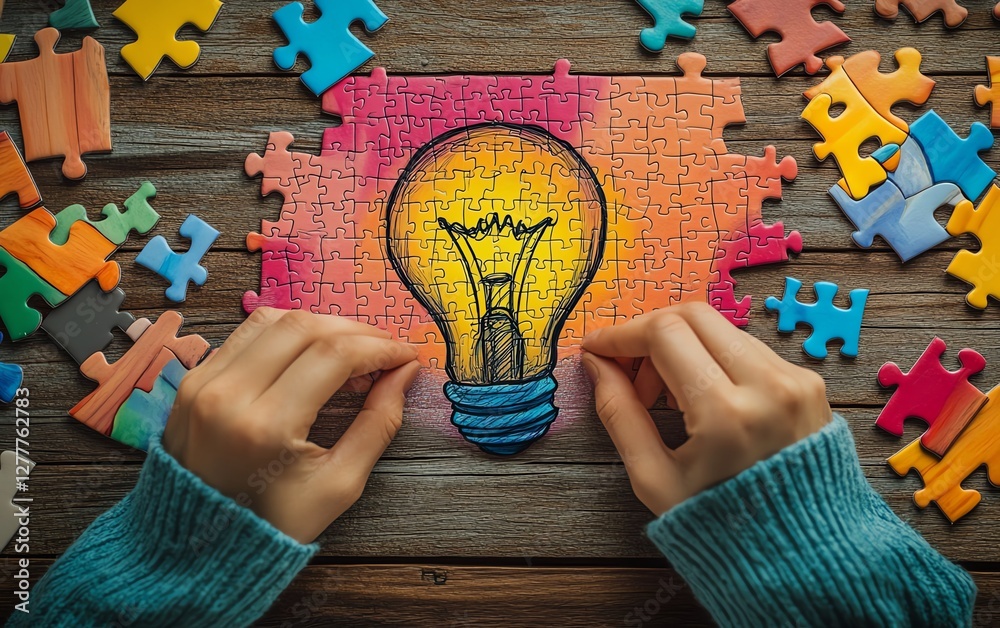 Poster a person solving a puzzle on a wooden desk, with a light bulb drawn on the last piece, symbolizing t