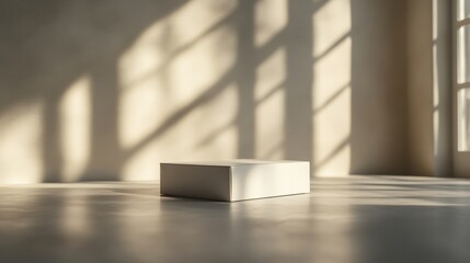 Fototapeta premium A blank gift box sitting on a sleek, minimalist surface, with neutral tones and soft lighting enhancing the modern look