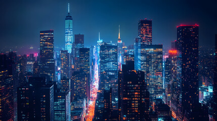 Naklejka premium A city at night with many tall buildings and a highway