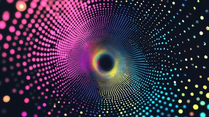 A mesmerizing spiral of gradient dots in vibrant pink, blue, yellow, and green, creating a hypnotic tunnel effect on a black background. Perfect for creative projects.
