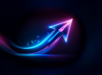 A bright neon arrow, outlined in pink and filled with blue, dynamically points upwards on a dark backdrop, creating a sense of forward motion and direction.