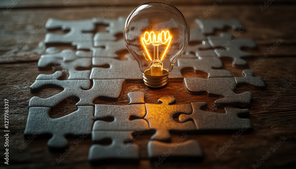 Poster A wooden desk with a partially solved puzzle and a light bulb sketch on the last piece, representing the process of finding solutions and creating ideas