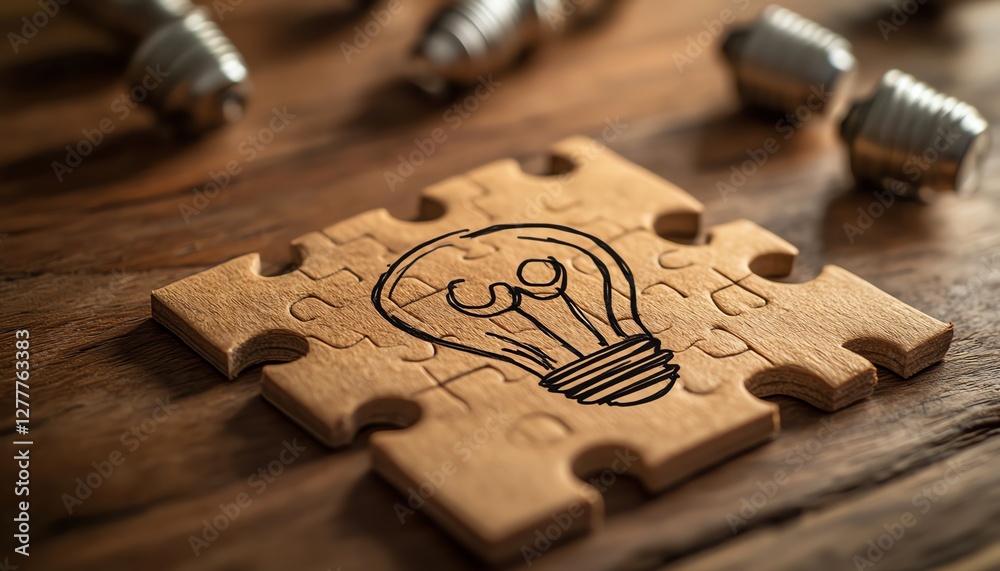 Poster A wooden desk with a partially solved puzzle and a light bulb sketch on the last piece, representing the process of finding solutions and creating ideas