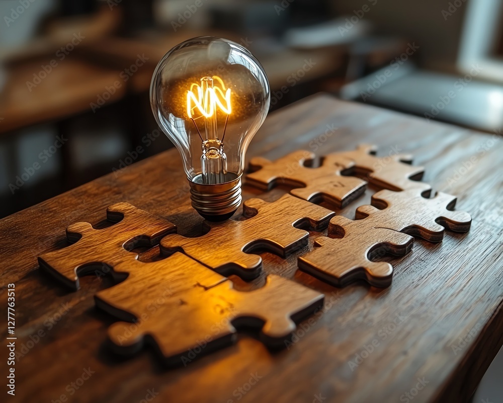 Poster a wooden desk with scattered puzzle pieces and a light bulb drawn on the last piece, representing th