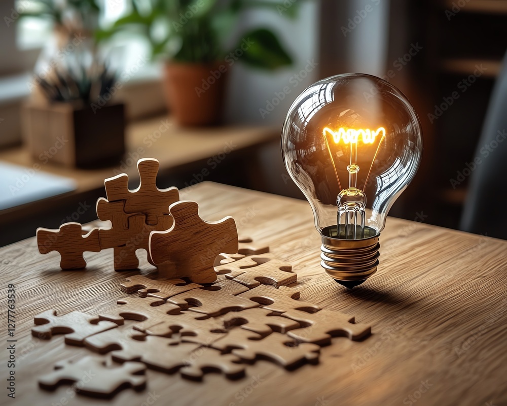 Poster a wooden desk with scattered puzzle pieces and a light bulb drawn on the last piece, representing th