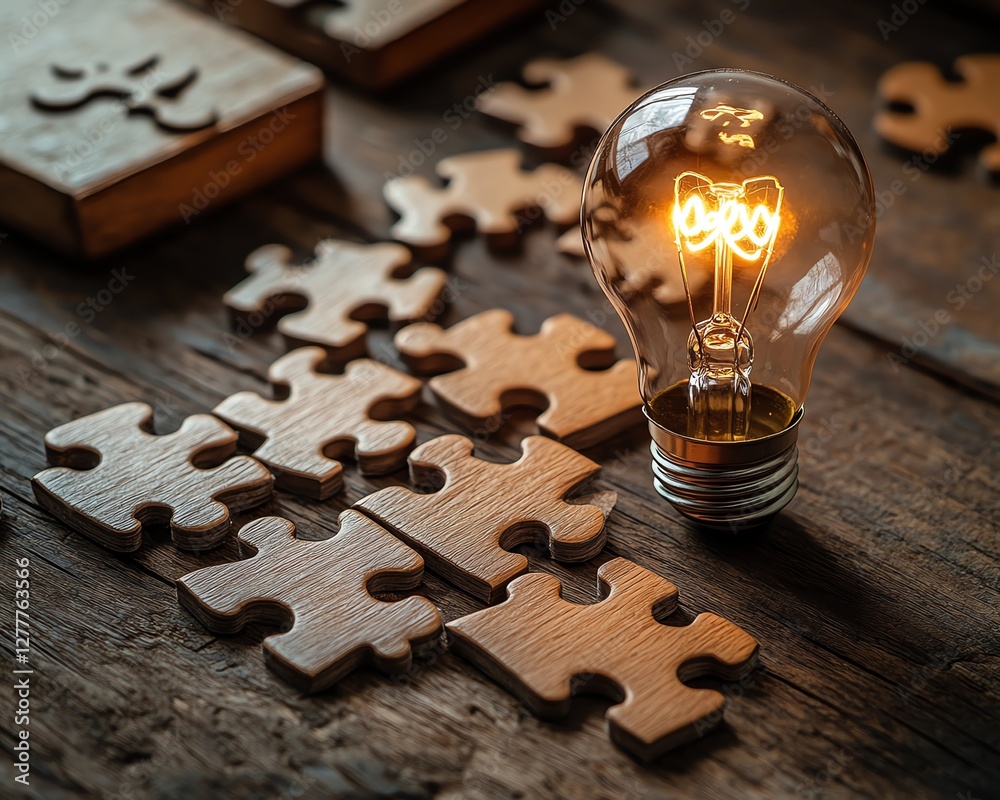 Poster a wooden desk with scattered puzzle pieces and a light bulb drawn on the last piece, representing th