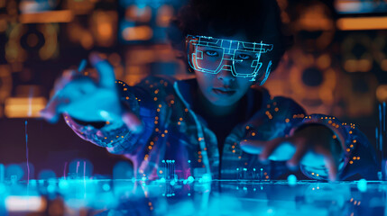 A boy wearing cybernetic glasses interacts with a digital interface, high-tech, virtual world, representing innovation, technology and the future.