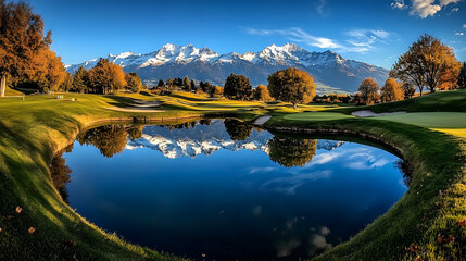 Autumnal golf course, mountain backdrop, peaceful pond reflection
