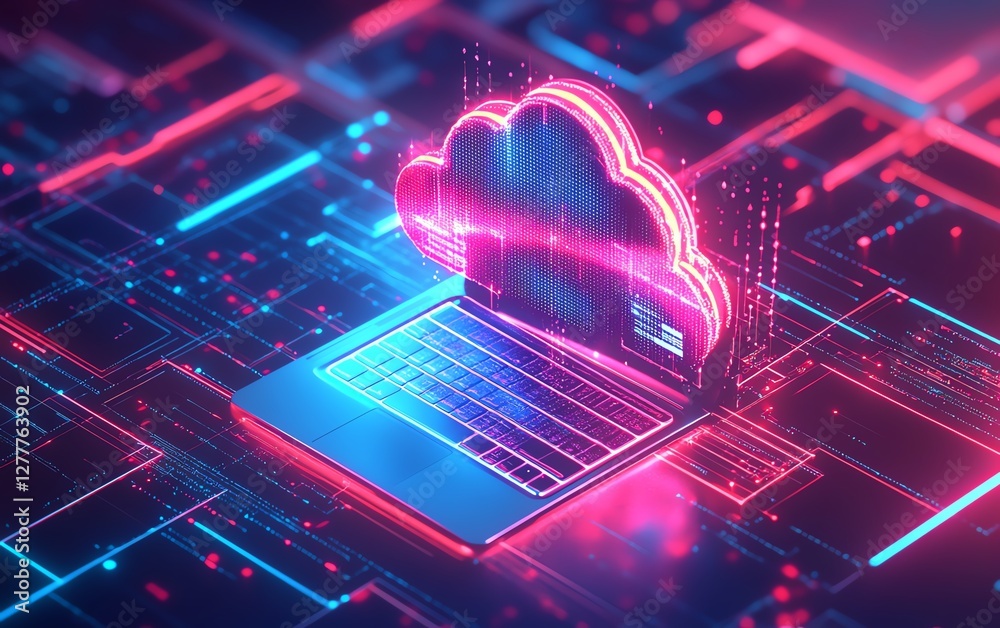 Poster Cloud computing concept with a laptop wirelessly transferring files to a cloud server, representing modern data sharing and storage solutions