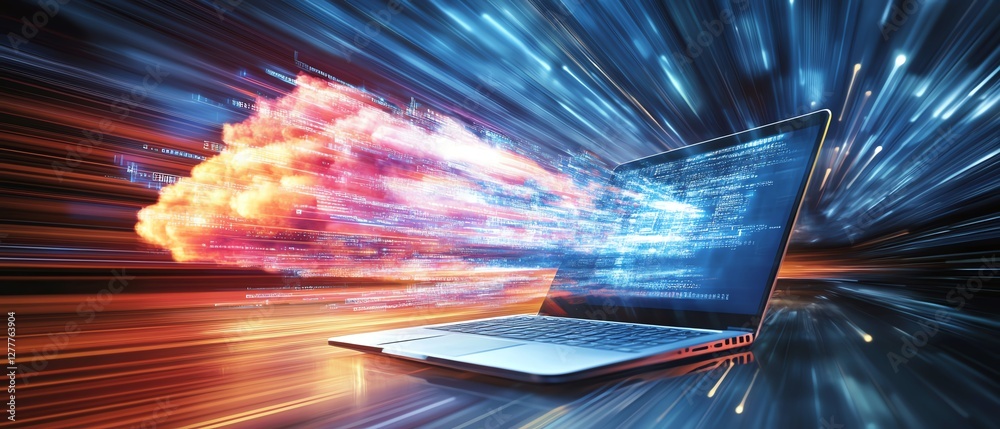 Fototapete Cloud computing technology with a laptop sending files to a cloud server, representing the efficiency of file sharing and data synchronization