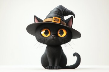 Fototapeta premium Adorable Cartoon Black Cat Wearing Witch Hat Halloween Kitten Cute Feline