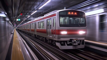 Naklejka premium Modern Subway Train in Illuminated Tunnel