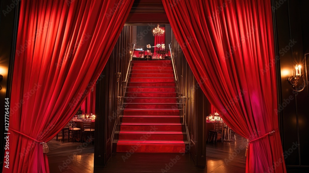 Aufkleber Elegant red curtains open to reveal a staircase bathed in soft light, creating a dramatic atmosphere for a refined event.