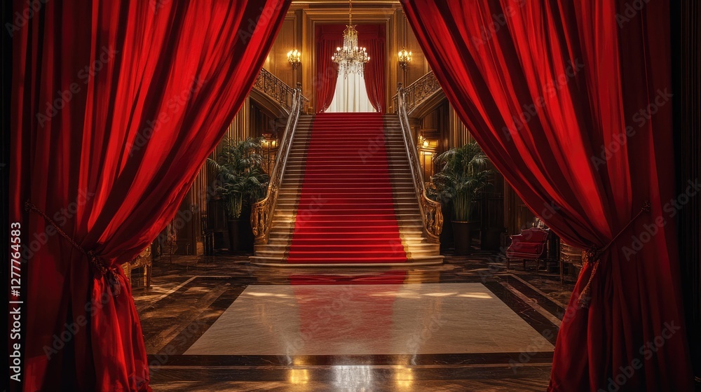 Poster Elegant red curtains open to reveal a staircase bathed in soft light, creating a dramatic atmosphere for a refined event.