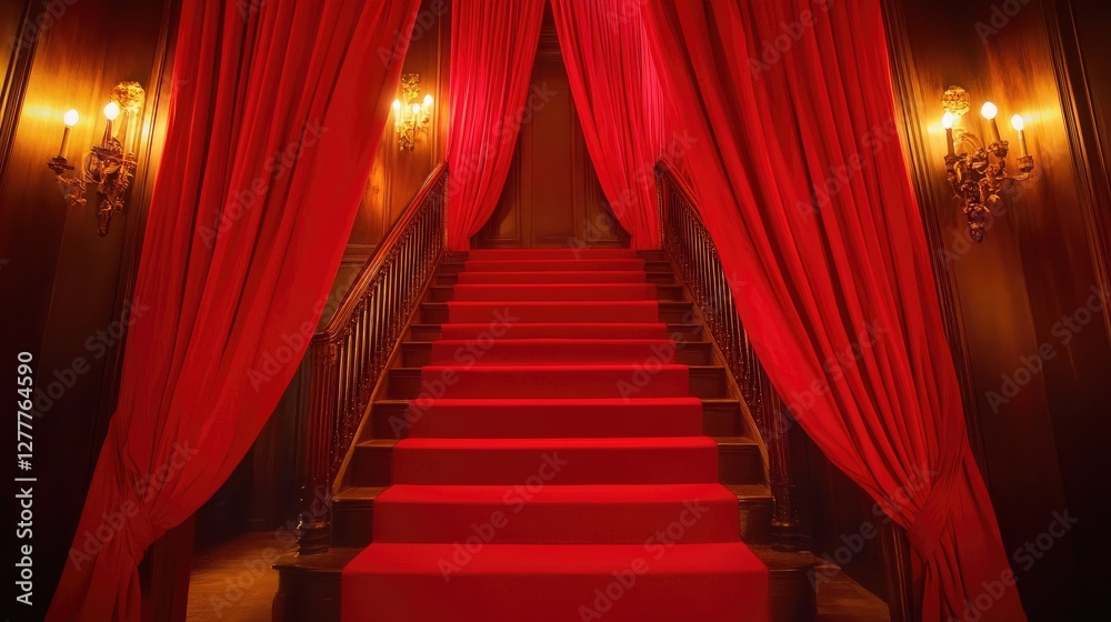Poster Elegant red curtains open to reveal a staircase bathed in soft light, creating a dramatic atmosphere for a refined event.