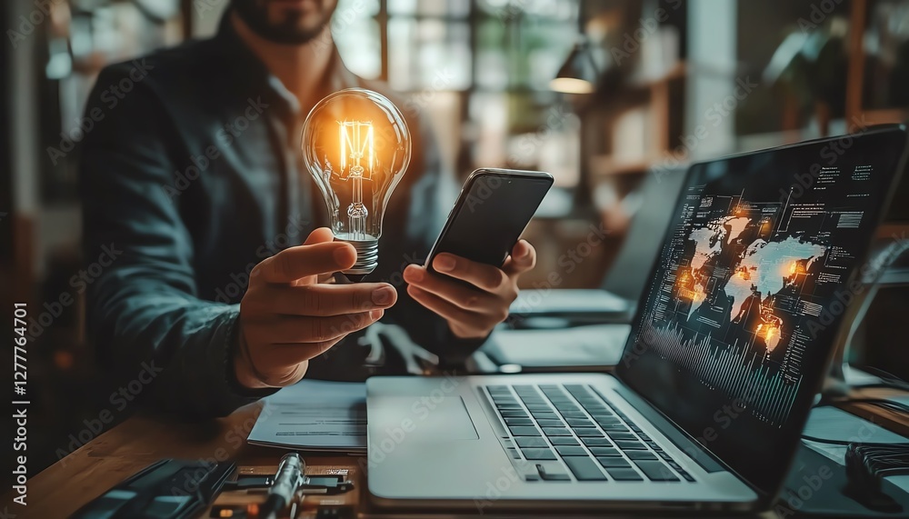 Fototapete A professional man holding a lightbulb and smartphone, with laptops and a global computer network structure, showcasing business technology solutions