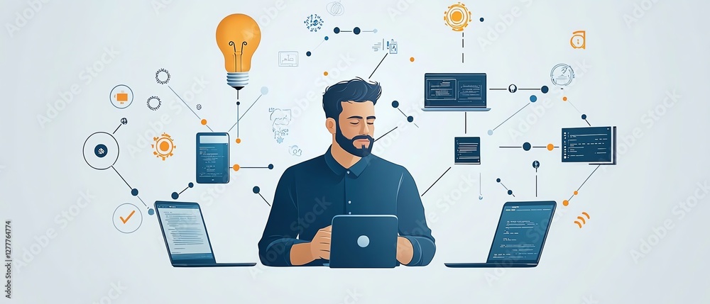 Poster Advanced network technology for business solutions, man with lightbulb and smartphone, surrounded by laptops and interconnected computer networks