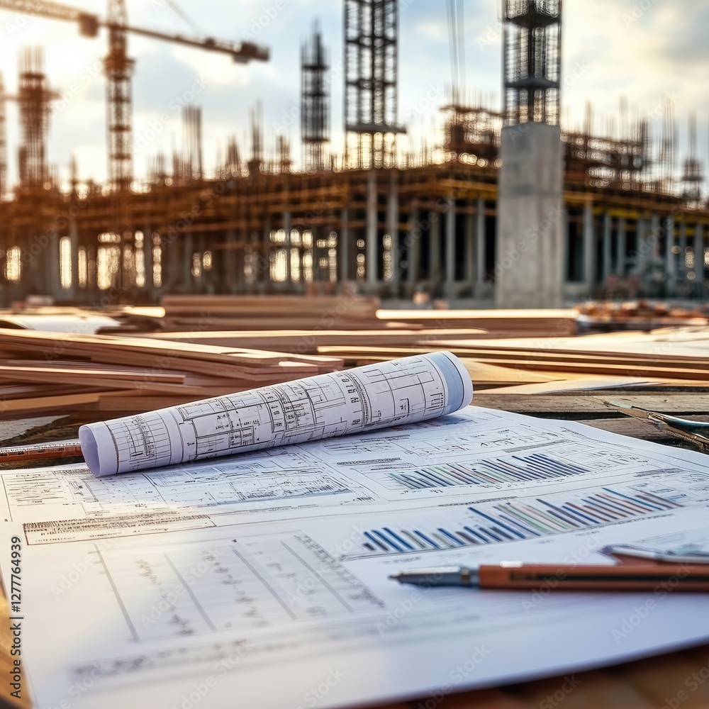 Poster Generate a photo realistic image of a construction project featuring a detailed budget report with financial charts and cost estimations; ensure the image is of