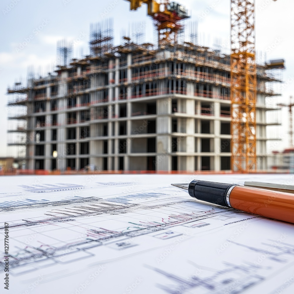 Aufkleber Generate a photo realistic image of a construction project featuring financial overview charts and budget planning tools; ensure the image is of high resolution for