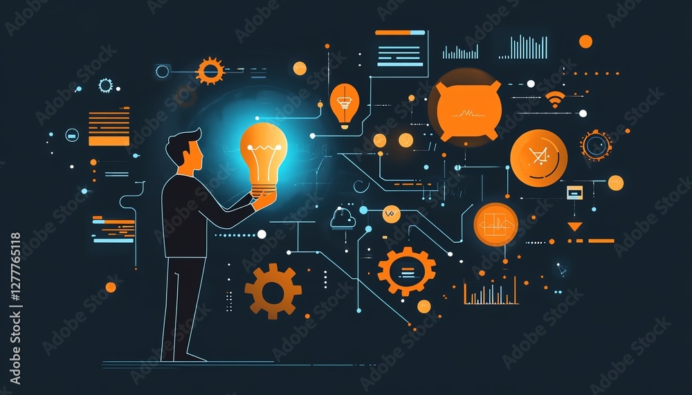 Poster Automation and business solutions showcased with a man holding a lightbulb and smartphone, gears turning, and a complex digital network architecture