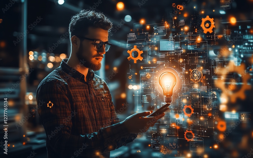 Poster Automation technology visualized with a man holding a lightbulb and smartphone, surrounded by interconnected gears and business solutions in a digital workspace