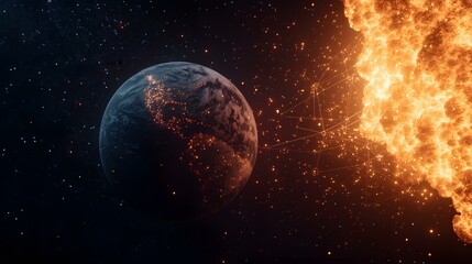 Obraz premium The image shows a planet Earth with city lights visible, partially consumed by a fiery, cosmic explosion connected by glowing lines, set against a star-filled backdrop.